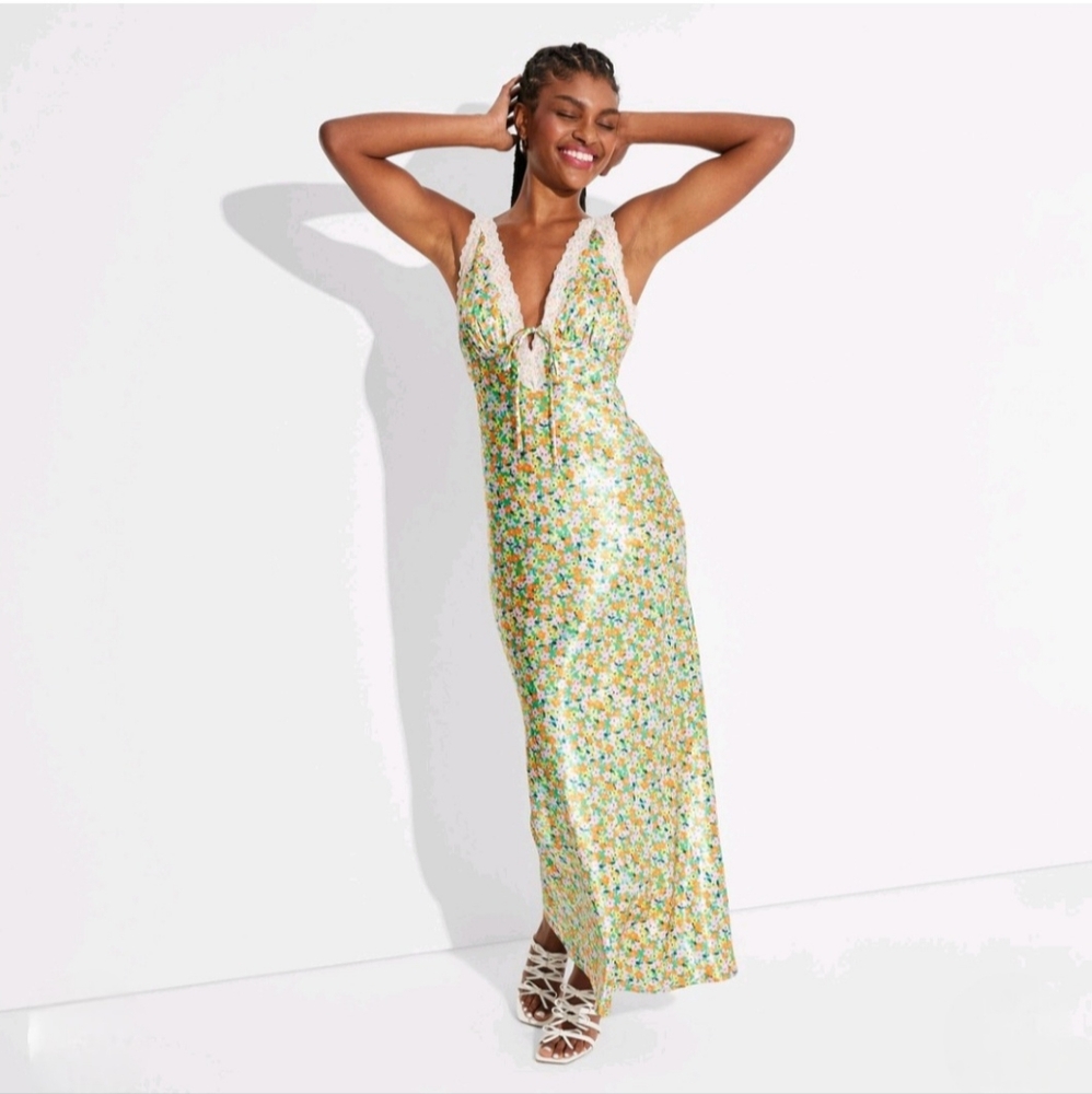 Women's Satin Lace Trim Midi Slip Dress - Wild Fable Floral M